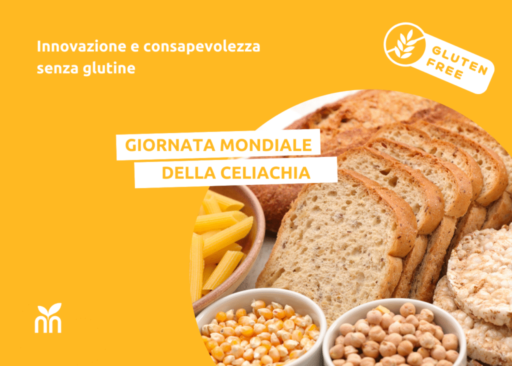 Giornata Mondiale della Celiachia: sfondo gialle e immagine di prodotti con glutine e senza glutine.